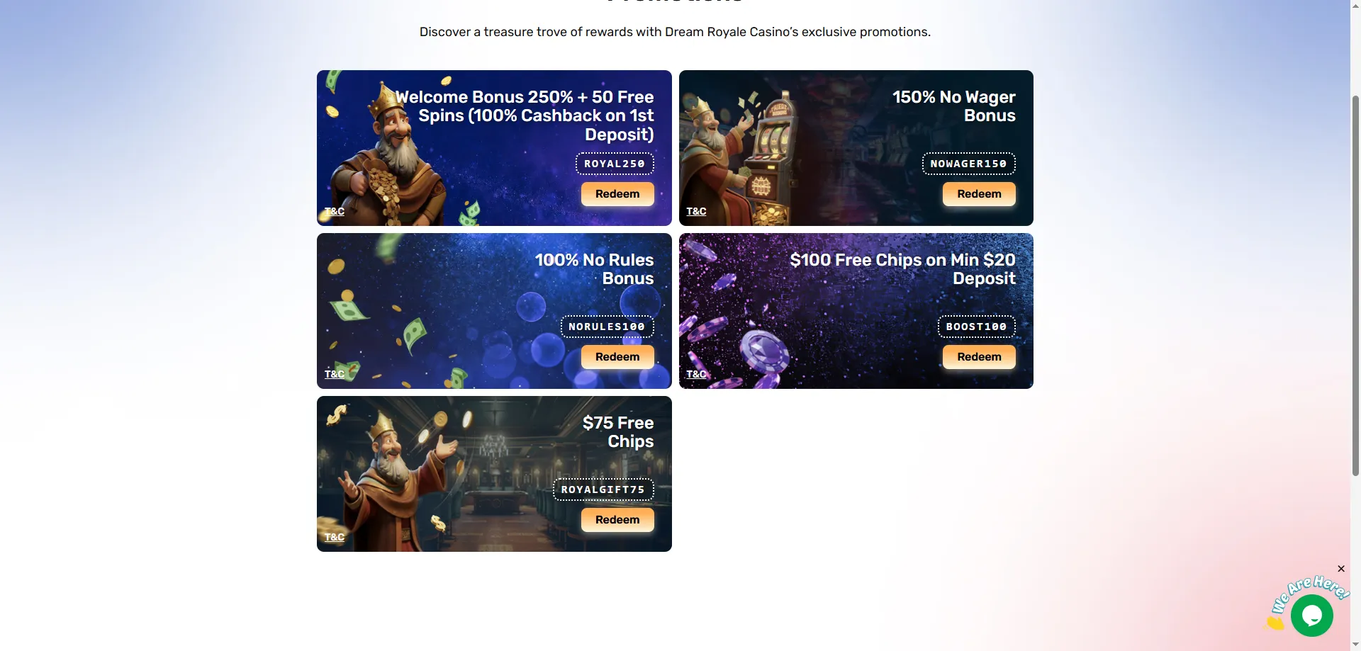 Dream Royale Casino welcome bonus offer &mdash; $125 free chip and 250% match